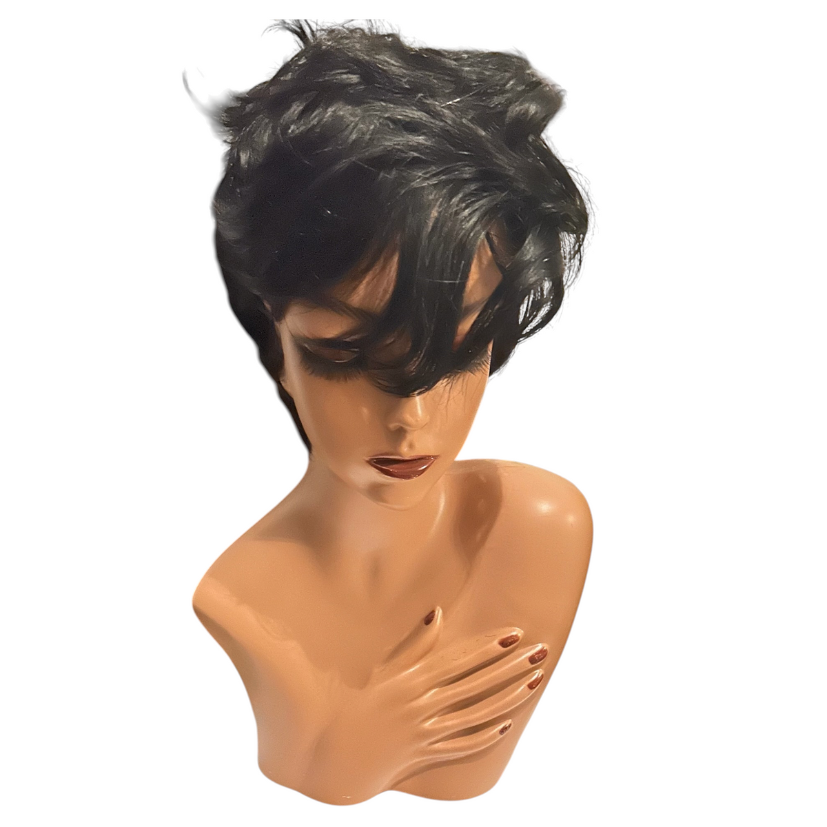 Cavalla Goods black synthetic pixie cut wig displayed on a mannequin head with a natural-looking layered style