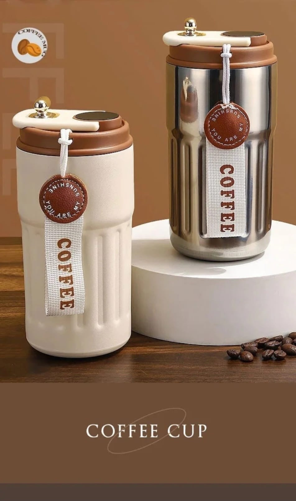 Cavalla Goods insulated stainless steel travel coffee tumblers with LED temperature display and coffee strap tags.