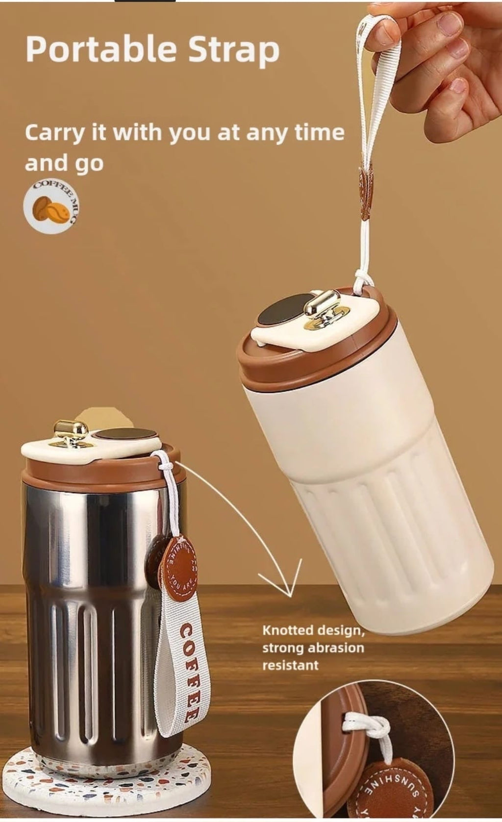 Cavalla Goods insulated stainless steel travel coffee tumbler with LED temperature display and portable carry strap.