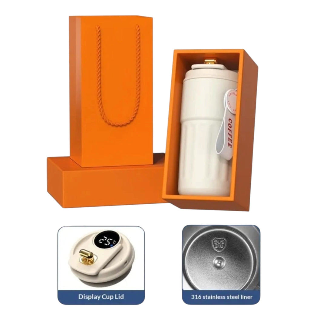 Cavalla Goods insulated travel coffee tumbler in cream with LED temperature lid and 316 stainless steel interior.