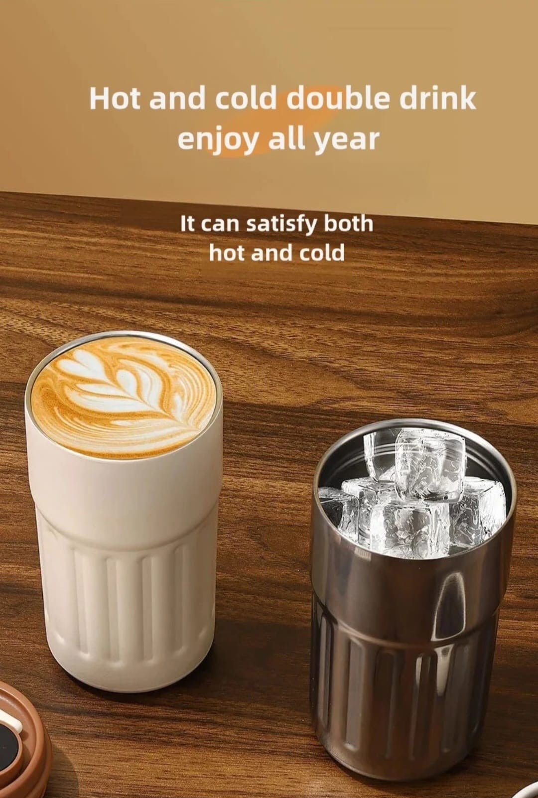 Cavalla Goods insulated stainless steel travel tumblers, one filled with hot latte art and one with ice cubes.